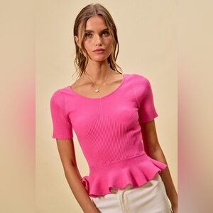 SO ME Ribbed Knit Short Sleeves Peplum Sweater Top